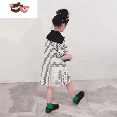 绿彩虹光波拉韩国童装女童连衣裙2022夏装儿童学院风横条短袖T裙子中大童