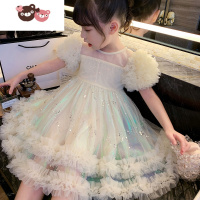 绿彩虹光女童连衣裙夏装2022新款儿童泡泡纱袖生日公主裙女孩短袖蓬蓬裙子