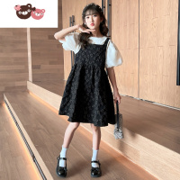 绿彩虹光女童连衣裙网红夏装2022新款时髦洋气儿童黑色吊带裙子T恤两件套