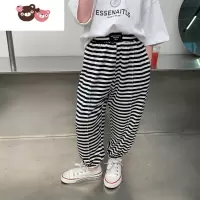 绿彩虹光沫沫家定制童装2022新款女童休闲运动裤薄款儿童条纹裤子宝宝夏装