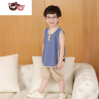 绿彩虹光国潮男童背心套装薄款凉爽宝宝夏季衣服儿童短袖套装琵琶衣空调服