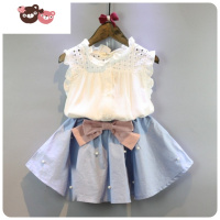 绿彩虹光女童洋气套装2022夏季新款韩版儿童镂空无袖衬衫半身裙宝宝夏装潮