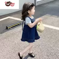 绿彩虹光女童套装夏季新款牛仔背带裙高品质超软牛仔裙时髦套装洋气
