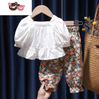 绿彩虹光女童碎花洋气童装2022夏季新款方领短款上衣灯笼裤长裤两件套套装
