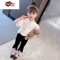 绿彩虹光女宝宝套装2022夏季洋气儿童衣服短袖喇叭裤两件套女童薄款夏装潮