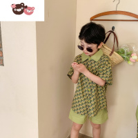 绿彩虹光儿童套装男女童夏季新款短袖短裤宝宝碎花衬衫牛油果绿休闲兄妹装