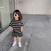 绿彩虹光儿童套装2022夏季新品女童休闲条纹两件套男童短袖短裤运动套装