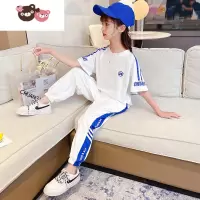 绿彩虹光女童短袖套装夏装2022年新款洋气时髦夏款中大儿童运动衣服夏季潮