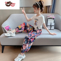 绿彩虹光女童夏款网红运动套装宽松洋气儿童韩版短袖夏装女大童夏季两件套