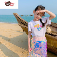 绿彩虹光leobaby女童套装2022新款美人鱼亮片半身裙儿童短袖t恤宝宝公主裙裤子