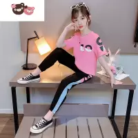 绿彩虹光女童套装夏季装2022网红新款洋气中大儿童运动衣服女孩短袖休闲装