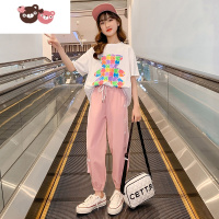 绿彩虹光夏装洋气女童冰丝裤短袖套装2022夏季大童外穿儿童网红童装两件套