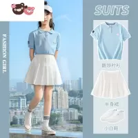 绿彩虹光女童学院风套装2022新款夏装儿童中大童短袖百褶裙时髦夏季连衣裙