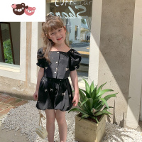 绿彩虹光沫沫家定制童装2022新款女童时髦套装宝宝洋气夏装儿童夏季泡泡袖