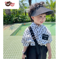 绿彩虹光MO7kids自制新款儿童套装韩版气质花朵短袖衬衫个性西装背带中裤