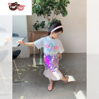 绿彩虹光女童2022夏装新款套装儿童短袖T恤小童网红半身裙宝宝美人鱼纱裙