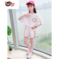 绿彩虹光女童夏装运动套装时髦洋气新款大童儿童女孩衣服运动装短裤t恤潮