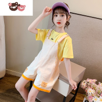 绿彩虹光女童套装夏装2022新款儿童大童短袖网红牛仔背带裤两件套洋气