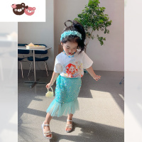 绿彩虹光女童2022夏装新款套装儿童短袖T恤小童网红半身裙宝宝美人鱼纱裙
