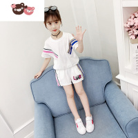 绿彩虹光女童夏装套装2022新款儿童夏季洋气网红童装女孩运动时髦短袖两件