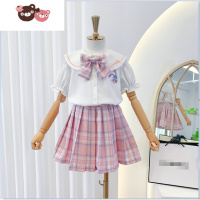 绿彩虹光女童jk学院风套装2022夏季新款洋气儿童格子半身裙短袖衬衣两件套