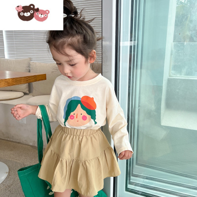 绿彩虹光女童长袖T恤2022春装新款儿童时髦卡通印花休闲宝宝洋气条纹上衣