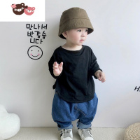 绿彩虹光儿童春秋新款童装韩版T恤男女宝宝复古竹节棉纯色森系宽松打底衫