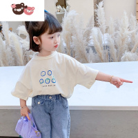 绿彩虹光女童套装2022夏装新款小儿童装洋气短袖T恤宝宝休闲牛仔裤两件套6