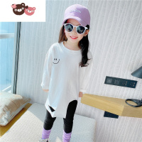 绿彩虹光女童中长款T恤2022春秋季新款不规则洋气可爱女孩打底衫上衣