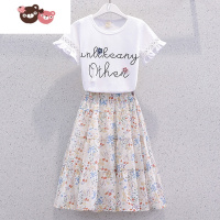 绿彩虹光女童夏季网红套装洋气女孩雪纺碎花半身裙新款儿童短袖T恤两件套