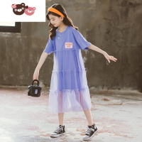 绿彩虹光儿童裙子夏装洋气短袖微胖中大童过膝长纱裙小学生宽松T恤连衣裙