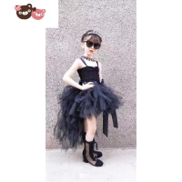 绿彩虹光女童黑色晚礼服拖尾儿童生日公主裙t台模特主持走秀钢琴演出服夏T恤