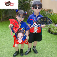 绿彩虹光女童连衣裙旗袍夏装儿童中国风唐装t恤短袖洋气裙子男童汉服套装全家
