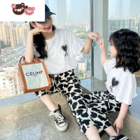 绿彩虹光2022夏季亲子装印花短袖防蚊裤灯笼裤休闲T恤上衣母女装两件套潮