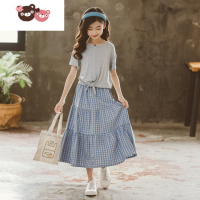 绿彩虹光夏季童装女童套装系结短袖T恤格子半身裙中大童沙滩裙女孩两件套