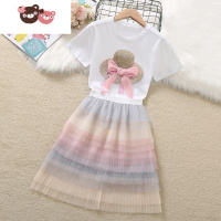 绿彩虹光女童套装夏季薄款网红洋气短袖T恤时尚网纱蛋糕裙夏装儿童两件套