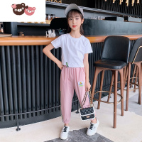 绿彩虹光女童炸街短袖套装2022夏季休闲中大童洋气霸气t恤两件套女孩衣服T恤