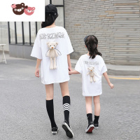 绿彩虹光洋气母女装短袖长款T恤2022新款潮女童夏装后背小熊T恤亲子装