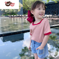 绿彩虹光女童短袖T恤2022新款中小儿童夏装洋气韩版宝宝夏季薄款条纹上衣