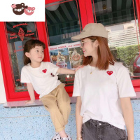 绿彩虹光亲子装川久爱心短袖一家三口刺绣小红心男女儿童T恤保玲情侣