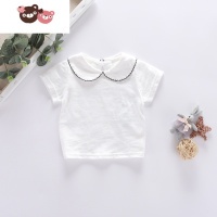 绿彩虹光新款洋气宝宝花边娃娃领短袖纯色薄款上衣中小童装女童可爱T夏季T恤
