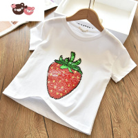 绿彩虹光亮片草莓可变色哦~女童可爱薄棉短袖儿童宝宝夏季洋气珠片T恤夏新