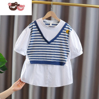 绿彩虹光女童T恤夏季2022新款中大童装洋气假两件短袖上衣儿童时尚打底衫