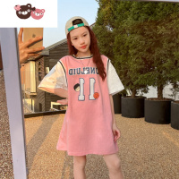 绿彩虹光女童短袖T恤夏装2022新款中大童中长款T恤裙儿童假两件篮球衣