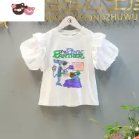 绿彩虹光女童短袖T恤2022夏装新款法式泡泡袖别致上衣儿童印花设计衬衫