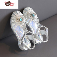 绿彩虹光女童凉鞋爱莎公主鞋2022新款夏季小女孩皇冠宝宝软底儿童水晶鞋