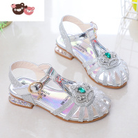 绿彩虹光女童凉鞋夏季新款软底女孩包头镂空公主鞋时尚高跟儿童水晶鞋皇冠