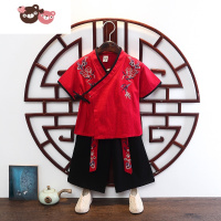 绿彩虹光汉服男童中国风夏季短袖薄款古装国学服两件套儿童周岁礼服演出服