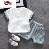 绿彩虹光儿童汉服男童夏装2022新款中国风唐装宝宝六一演出服女童复古短袖