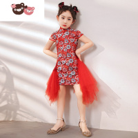 绿彩虹光国潮女童旗袍中国风春夏儿童礼服模特走秀演出服T台时装霸气潮服